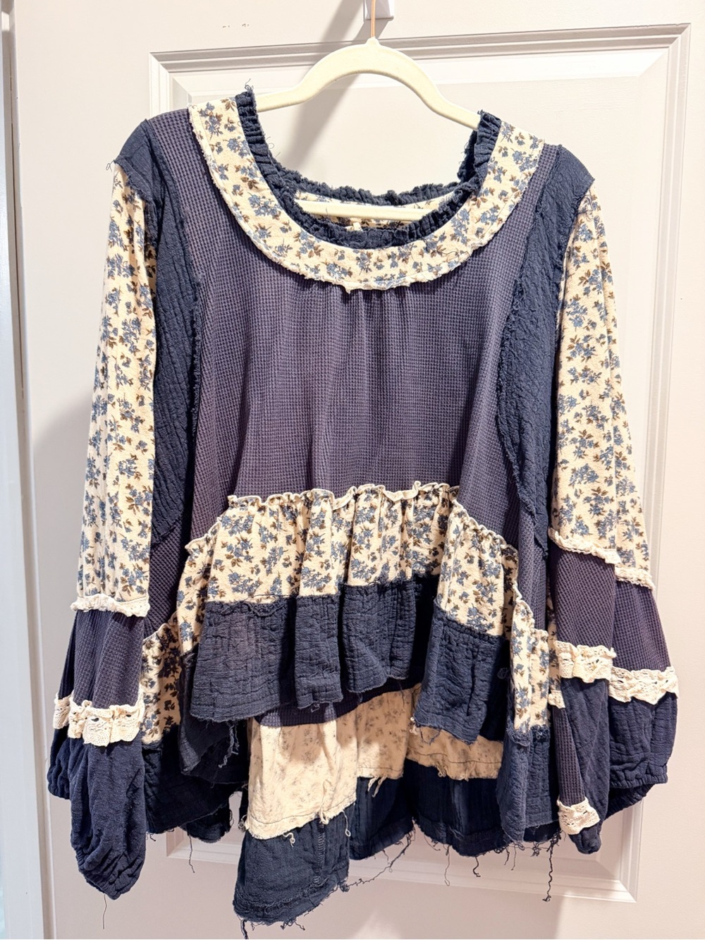 Floral Contrast Navy and Cream Peasant Top